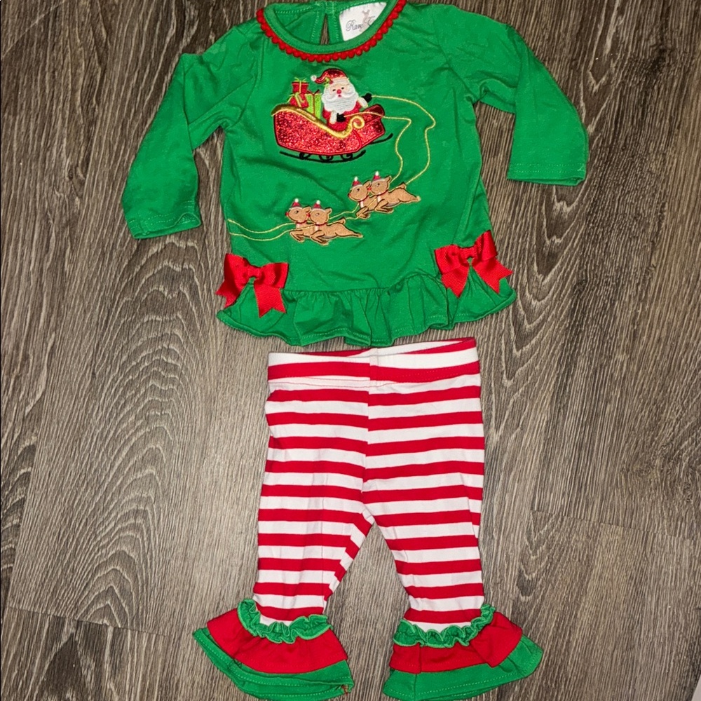 Rare Editions Green and Red Santa outfit 3-6 months